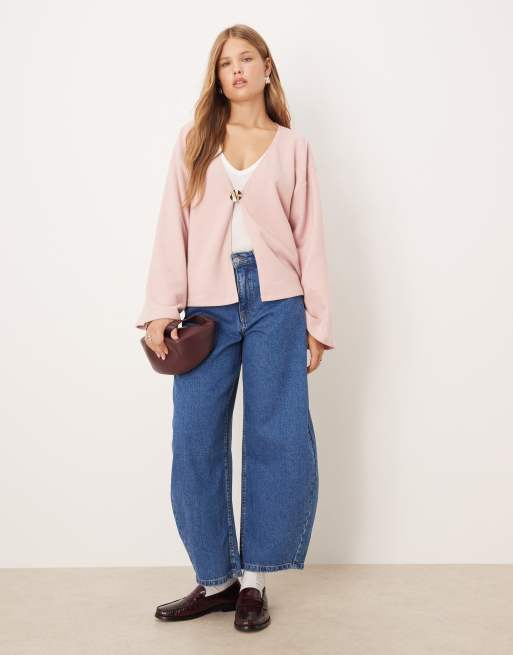 ASOS DESIGN Supersoft wide sleeve hardware detail cardigan in light pink, 3 of 4
