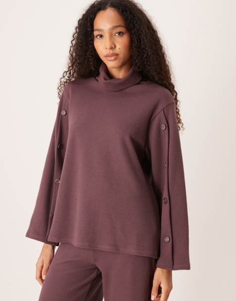 ASOS DESIGN Supersoft wide sleeve jumper co-ord with button details in washed plum - view 1