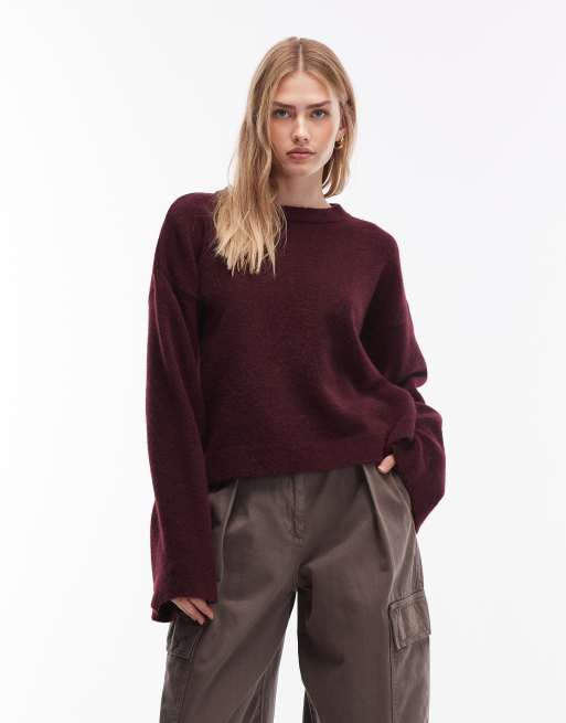 ASOS DESIGN supersoft wide sleeve knitted jumper with wool in wine
