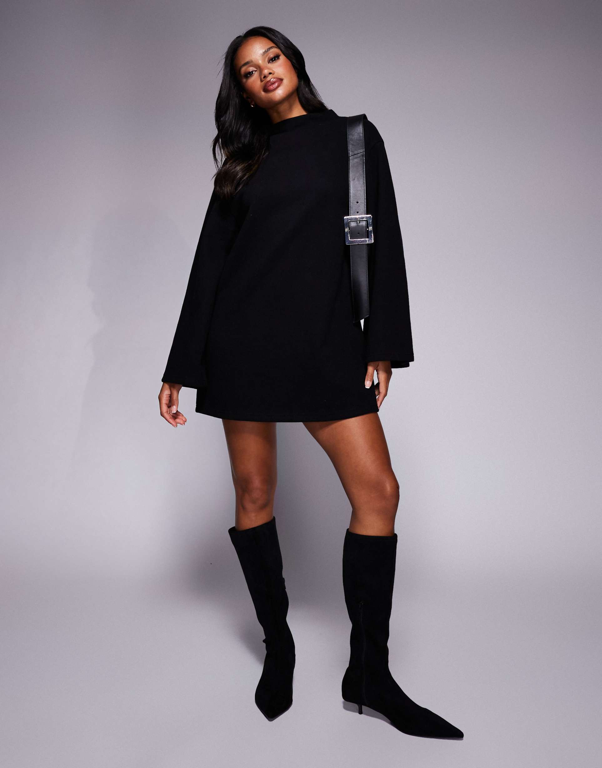 asos design supersoft wide sleeve mini dress in black