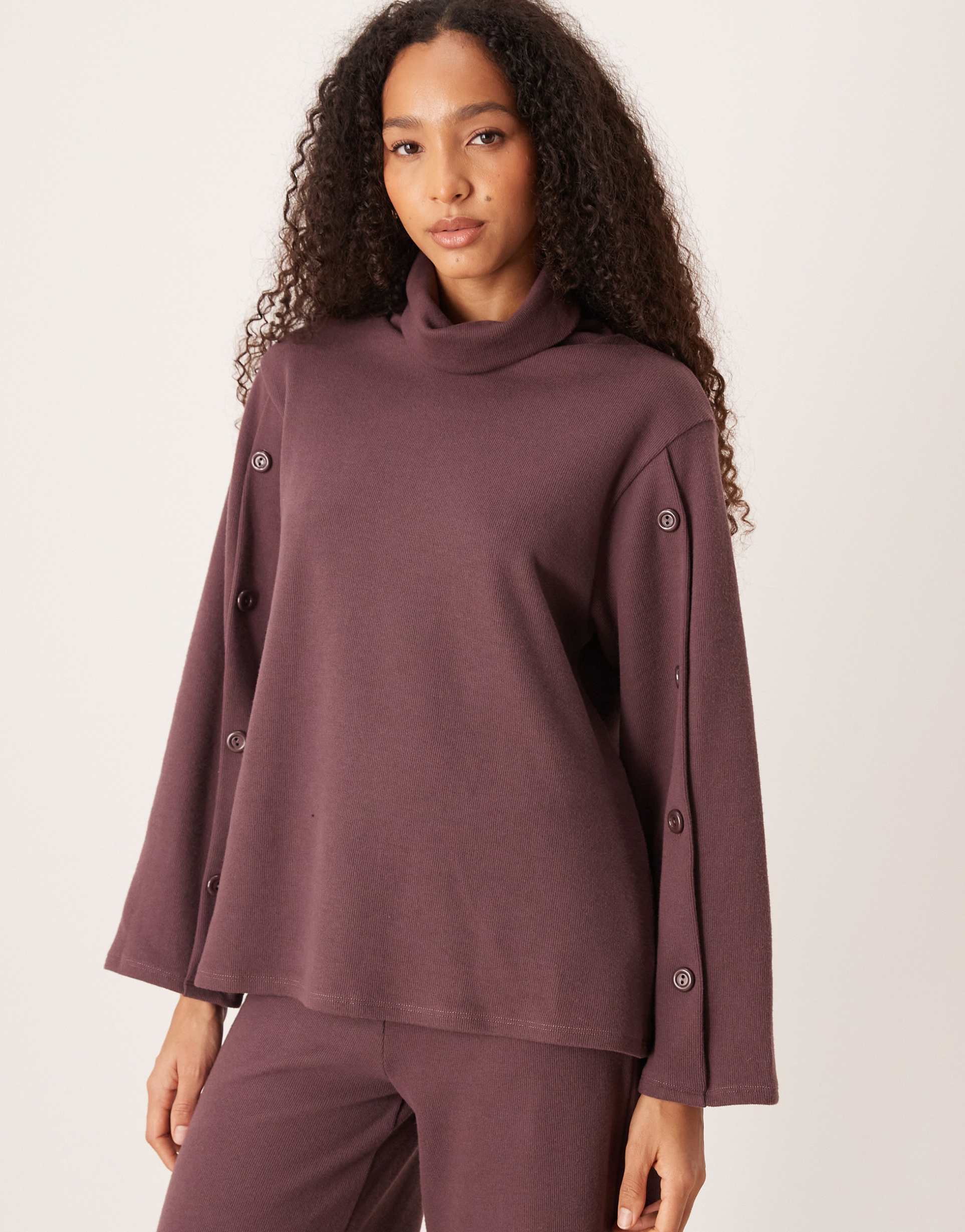 asos design supersoft wide sleeve sweater with button details in washed plum - part of a set