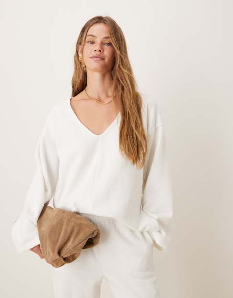 ASOS DESIGN supersoft wide v seam front jumper in winter white (part of a set) - view 1