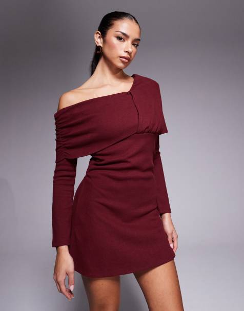 ASOS DESIGN supersoft wrap asym neck mini dress burgundy