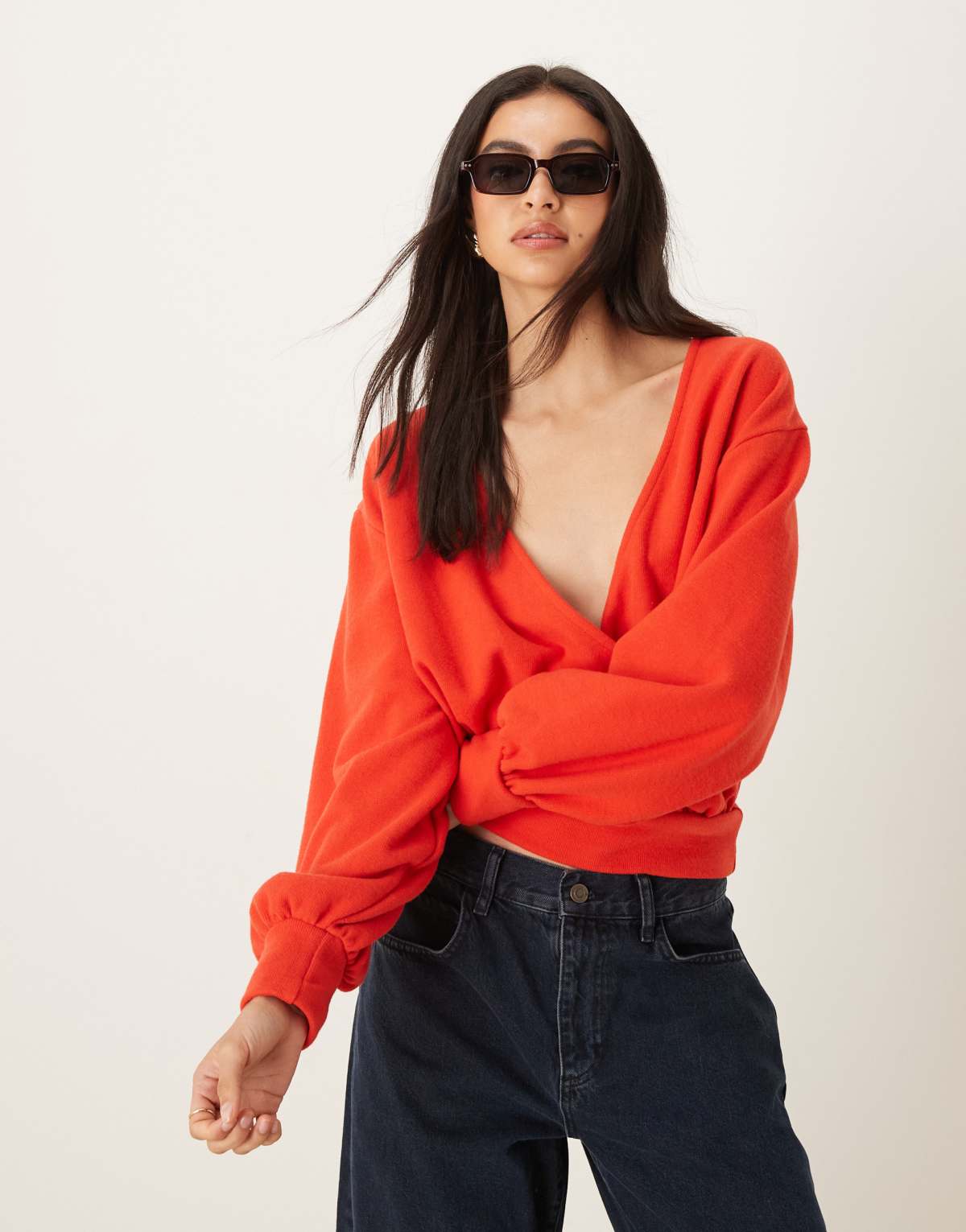ASOS DESIGN Supersoft wrap balloon sleeve cardigan in red - RED