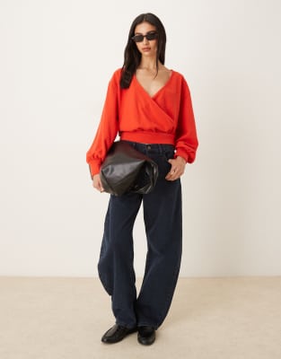 Asos Design Supersoft Wrap Balloon Sleeve Top In Red