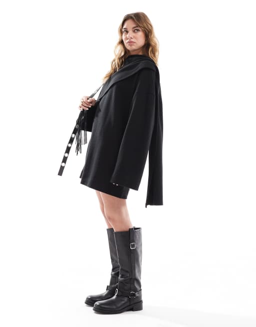 ASOS DESIGN supersoft wrap scarf neck mini dress in black