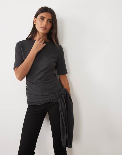 ASOS DESIGN supersoft wrap tie top in charcoal, 2 of 4