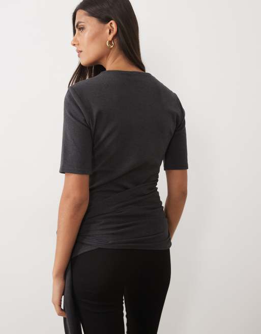 ASOS DESIGN supersoft wrap tie top in charcoal, 4 of 4