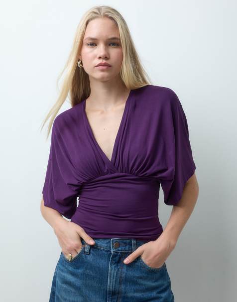 ASOS DESIGN supersoftes Oberteil mit tiefem Ausschnitt und Fledermausärmeln in Dunkellila - view 1