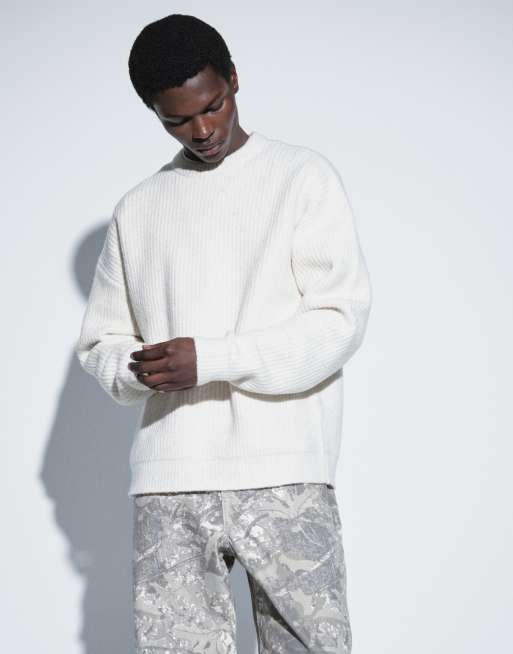 ASOS DESIGN superstrikket trøje i uldblanding med rib i oatmeal marl, 3 af 5