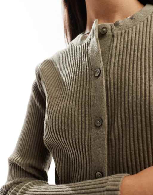 ASOS DESIGN – Superweiche, gerippte Strickjacke in Taupe mit Rundhalsausschnitt, 2 von 4