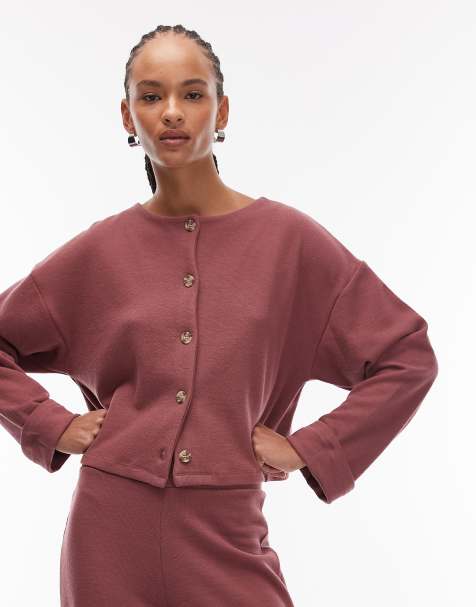 ASOS DESIGN – Superweiche Strickjacke in Dunkelrosé mit durchgehender Knopfleiste und umgeschlagenen Manschetten, Kombiteil - view 1