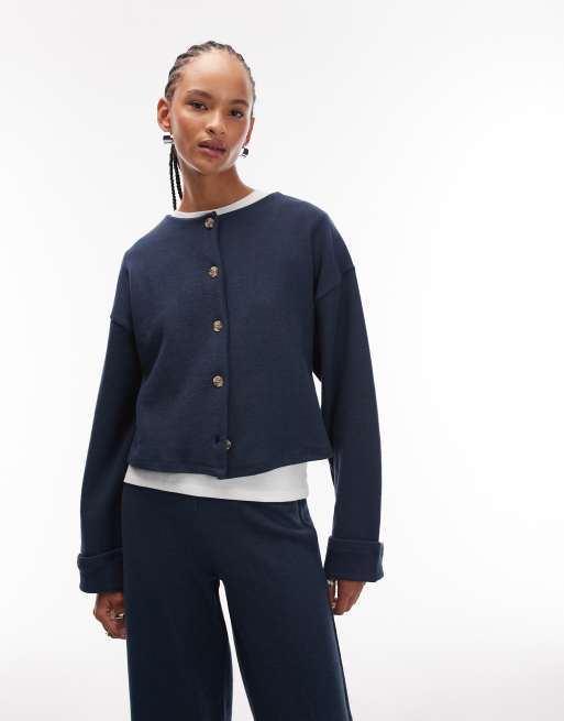 ASOS DESIGN – Superweiche Strickjacke in Marineblau mit durchgehender Knopfleiste und umgeschlagenen Ärmelbündchen, Kombiteil