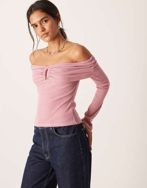 ASOS DESIGN – Superweicher, angerauter, schulterfreier Pullover in Rosa mit gerippter Struktur und Metalldetail - view 1