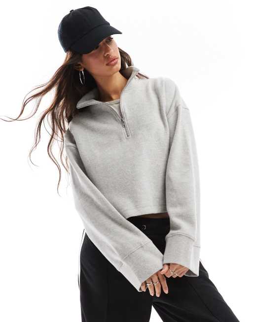 ASOS DESIGN – Superweicher, langärmliger Pullover in meliertem Grau mit kurzem, kastigem Schnitt und kurzem Reißverschluss