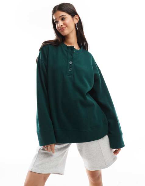 ASOS DESIGN – Superweicher Oversize-Pullover in Dunkelgrün mit Henley-Ausschnitt - view 1