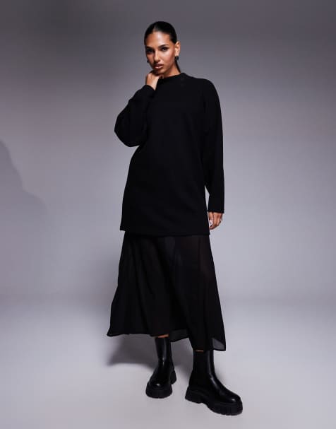 ASOS DESIGN – Superweiches 2-in-1-Maxikleid in Schwarz mit Godet-Rock aus Chiffon - view 1