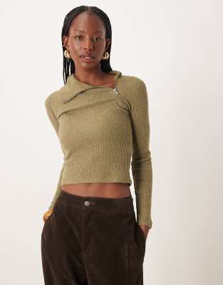 ASOS DESIGN - Superweiches, angerautes Oberteil in Khaki mit Rippenstruktur, langen Ärmeln und Reißverschlussdetail-Grün