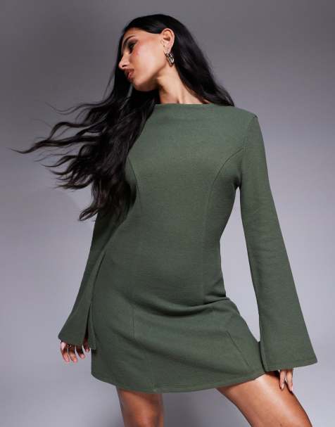 ASOS DESIGN – Superweiches, ausgestelltes Minikleid in Khaki mit Stehkragen - view 1