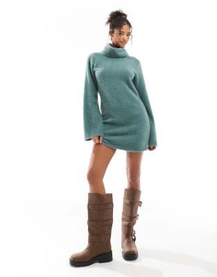 ASOS DESIGN - Superweiches, flauschiges Mini-Pulloverkleid in Grün mit Rollkragen