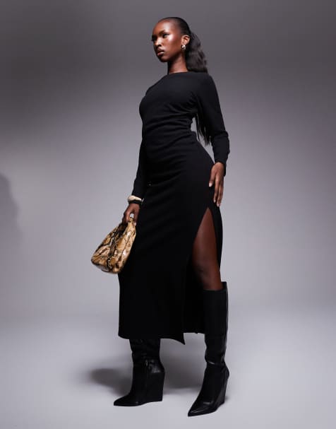 ASOS DESIGN – Superweiches, langärmliges Maxikleid in Schwarz mit seitlicher Raffung - view 1