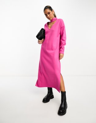 ASOS DESIGN - Superweiches, langärmliges Midi-Pulloverkleid in leuchtendem Rosa mit engem Halsband und langen Ärmeln