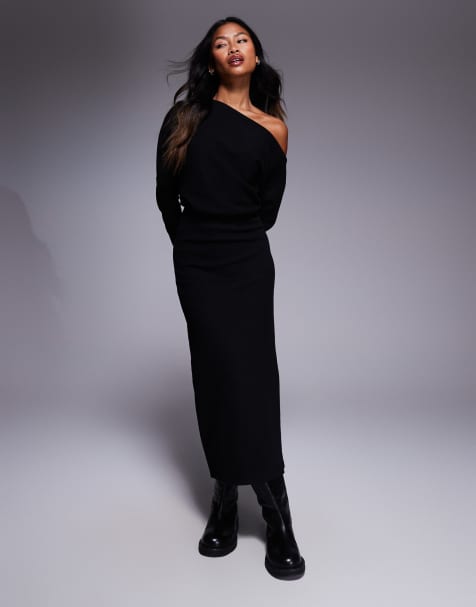 ASOS DESIGN – Superweiches, langärmliges Midikleid in Schwarz mit abfallender Schulterpartie - view 1