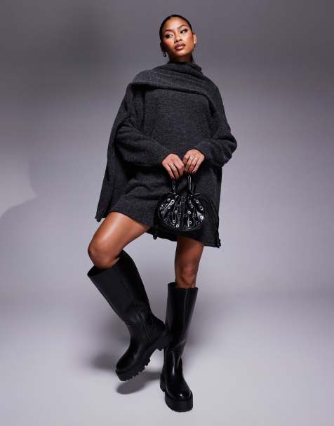 ASOS DESIGN – Superweiches langärmliges Minikleid in Anthrazit mit Schaldetail - view 1