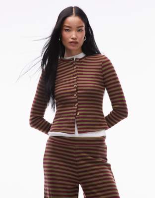 ASOS DESIGN - Superweiches langärmliges Oberteil mit burgunderfarbenen Streifen und durchgehender Knopfleiste, Kombiteil...