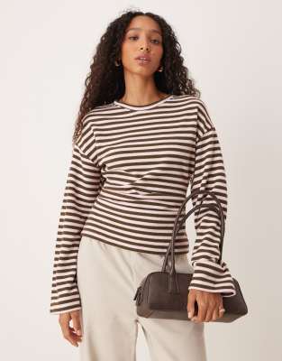 ASOS DESIGN - Superweiches Langarmshirt in gestreiftem Khaki mit Korsett-Taille-Grün