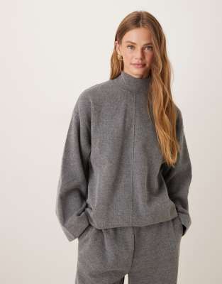 ASOS DESIGN - Superweiches Longline-Set in meliertem Anthrazit mit Ziernaht vorne und Rollkragen-Grau