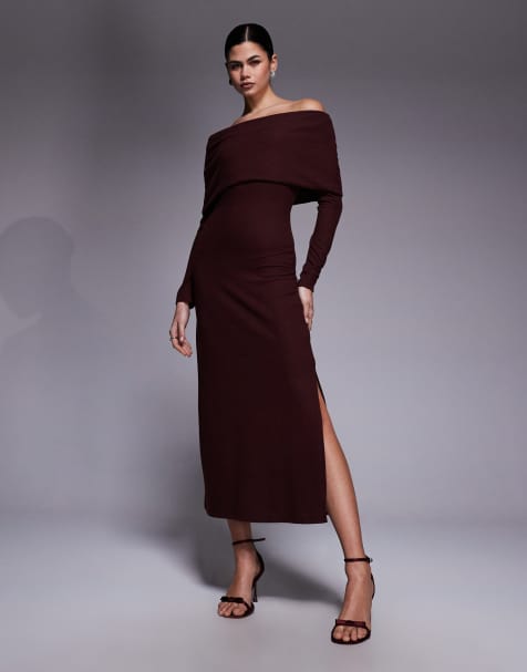 ASOS DESIGN – Superweiches Maxikleid in Schokobraun mit umgeschlagenem Carmen-Ausschnitt - view 1