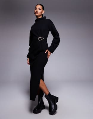 ASOS DESIGN - Superweiches Maxikleid in Schwarz mit Stehkragen und Metallverzierung