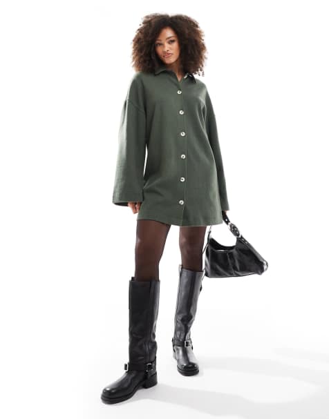 ASOS DESIGN – Superweiches Mini-Strickjackenkleid in Khaki mit Knopfleiste und Kragen - view 1