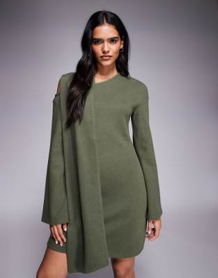 ASOS DESIGN - Superweiches Minikleid in Khaki mit U-Boot-Ausschnitt und Schaldetail-Keine Farbe