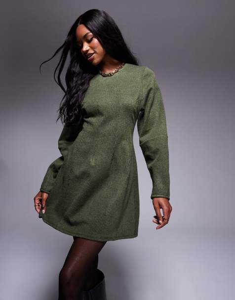 ASOS DESIGN – Superweiches Minikleid in Khaki mit Ziernaht und Cocoon-Ärmeln - view 1