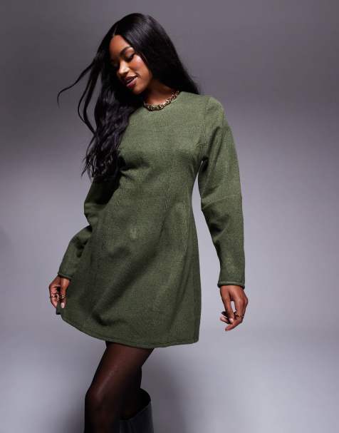 ASOS DESIGN – Superweiches Minikleid in Khaki mit Ziernaht und Cocoon-Ärmeln - view 1