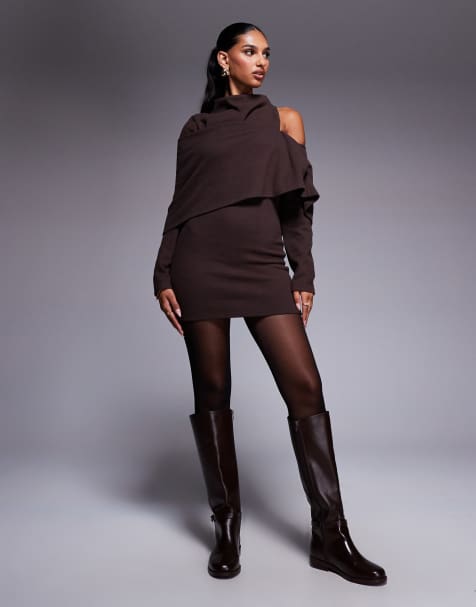 ASOS DESIGN – Superweiches Minikleid in Schokobraun mit U-Boot-Ausschnitt und drapiertem Overlay-Design - view 1