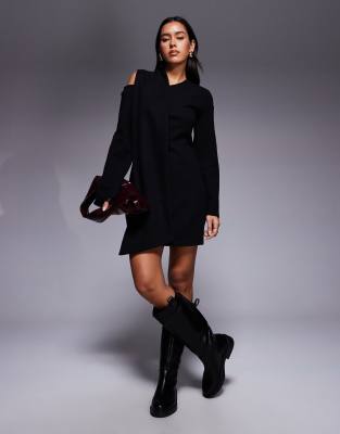 ASOS DESIGN - Superweiches Minikleid in Schwarz mit U-Boot-Ausschnitt und Schaldetail