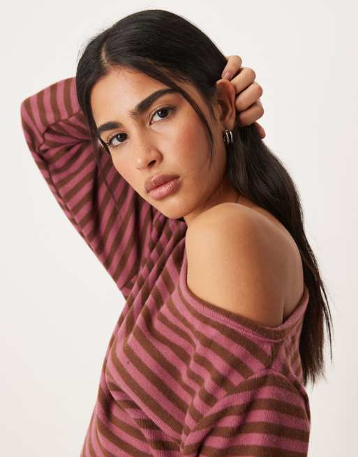 ASOS DESIGN – Superweiches, schulterfreies, langärmliges Oberteil in gestreiftem Rosa mit Korsett-Taille, 3 von 4
