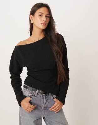 ASOS DESIGN - Superweiches, schulterfreies, langärmliges Oberteil in Schwarz mit Korsett-Taille