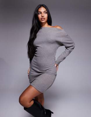 ASOS DESIGN - Superweiches, schulterfreies Minikleid in meliertem Grau