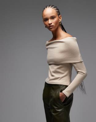ASOS DESIGN - Superweiches, schulterfreies Oberteil in Beige mit umgeschlagenem Ausschnitt-Neutral