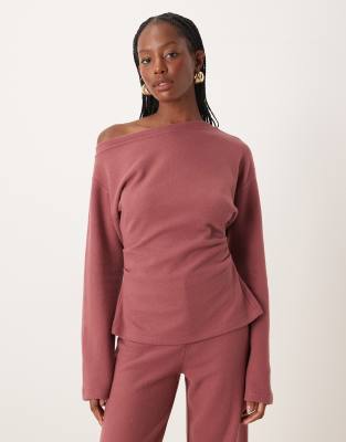 ASOS DESIGN - Superweiches, schulterfreies T-Shirt mit Korsettdetail in der Taille in Dunkelrosa-Keine Farbe