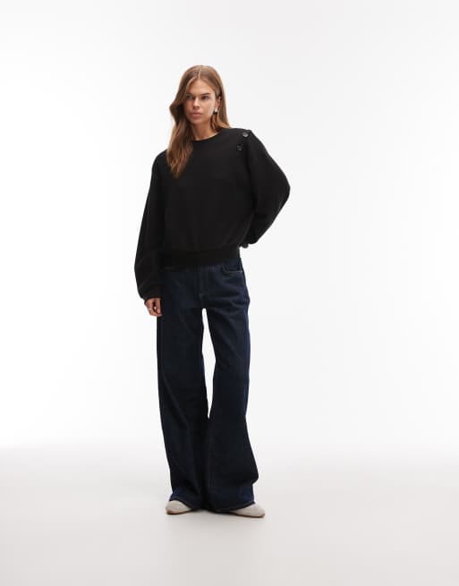 ASOS DESIGN – Superweiches Sweatshirt in Schwarz mit Knopfdetail an der Schulter, 2 von 4