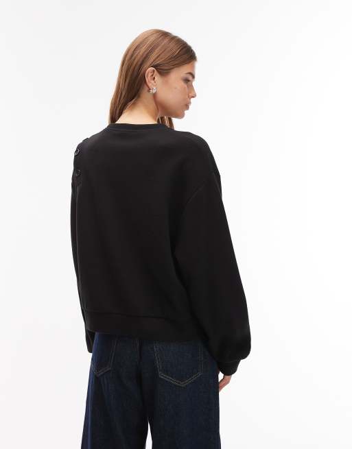 ASOS DESIGN – Superweiches Sweatshirt in Schwarz mit Knopfdetail an der Schulter, 3 von 4