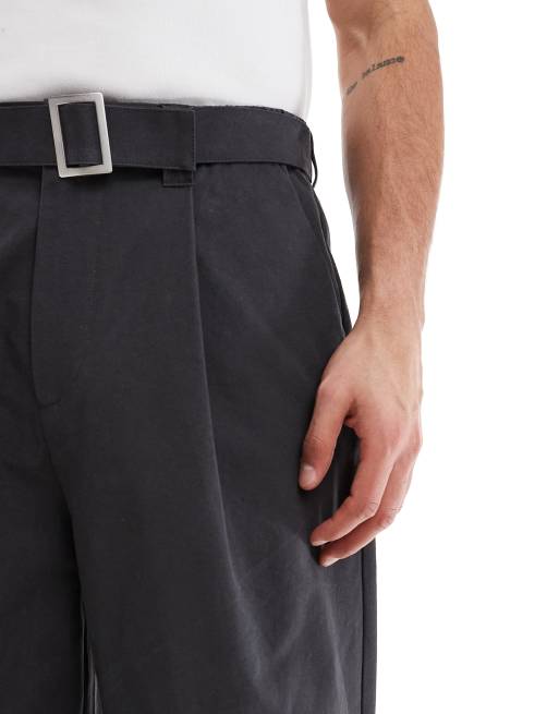 ASOS DESIGN super baggy chino with pleats and belt in charcoal