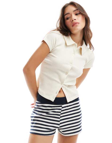 ASOS DESIGN - Superzacht geribbeld vest met korte mouwen en knoopsluiting in crème - view 1