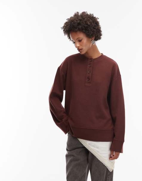 ASOS DESIGN - Superzacht oversized Henley sweatshirt in chocoladebruin - view 1