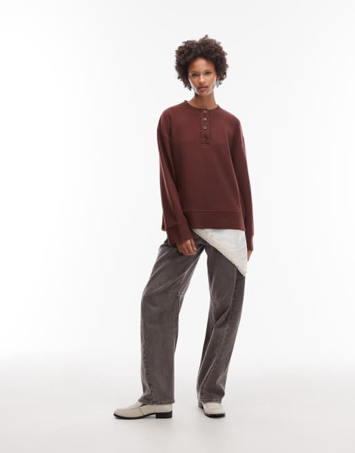 ASOS DESIGN - Superzacht oversized Henley sweatshirt in chocoladebruin, 2 van 4